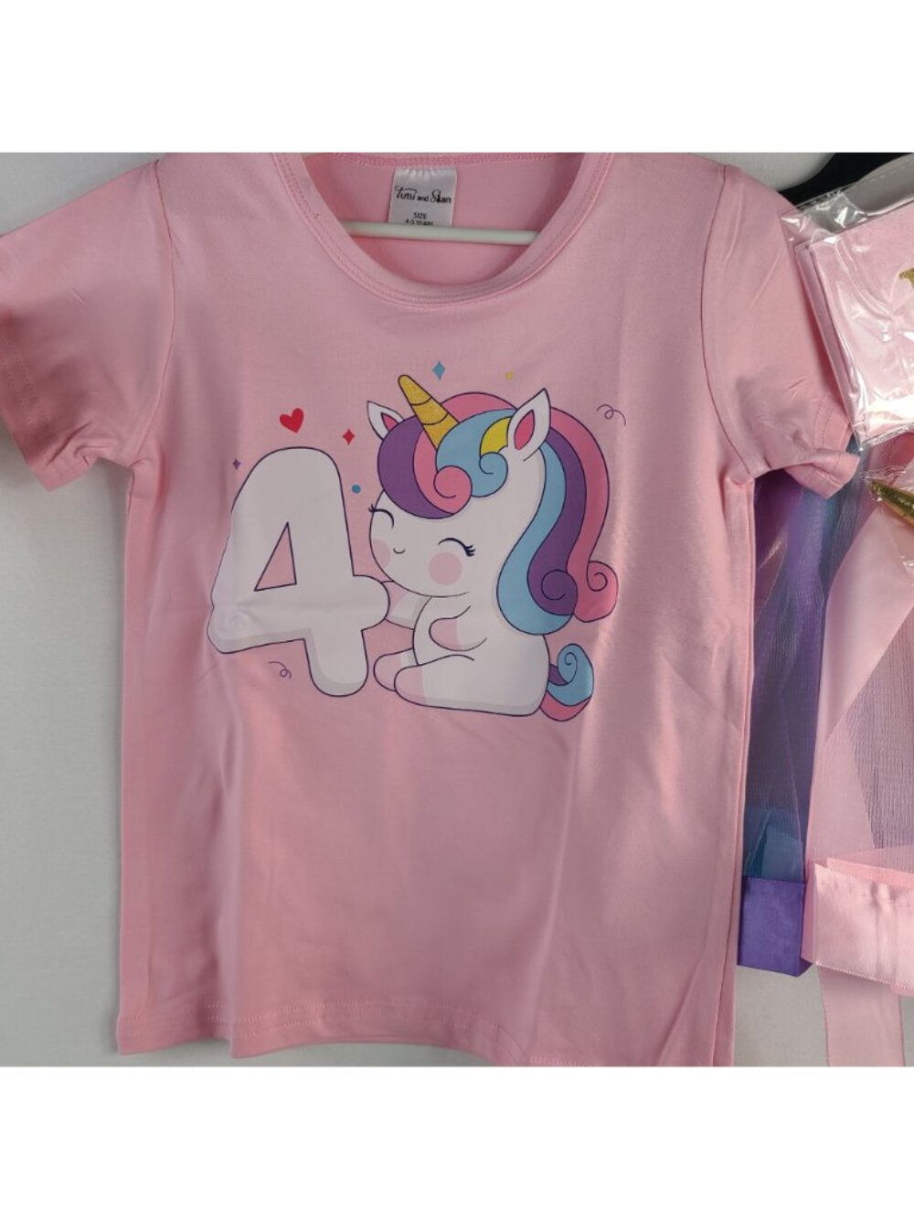 Unicorn 4th Birthday Outfit Set Pink Shirt Tutu Birthday Sash & Unicorn Headband - Picture 2 of 10